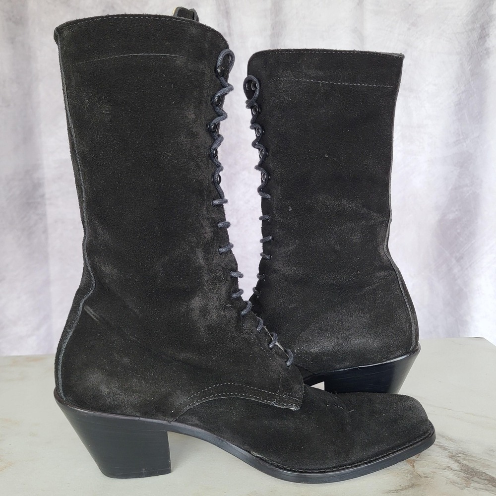 Joan David Tall Lace Up Black Suede Western Boots Womens Size 38 Square Toe - Picture 11 of 16